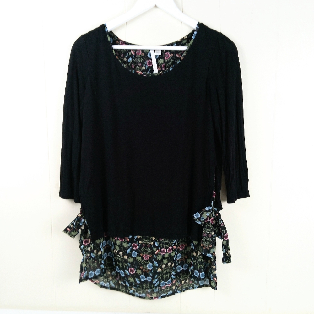 Lauren Conrad Tunic Top Size M Black Floral Lined Side Ties Popover